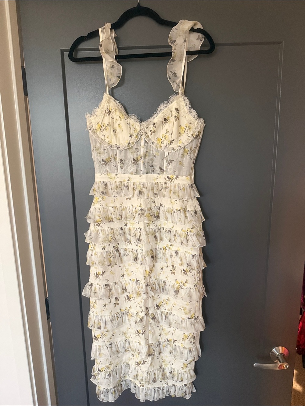 V Chapman White Floral Ruffled Midi Dress